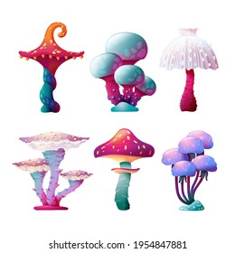 Set of Colorful Fantasy Magic Mushrooms Vector Design. Fungus and Unrealistic Uneartly Botany with Luminous Caps. For Game Concept, Cartoon Background, Witchcraft Collection