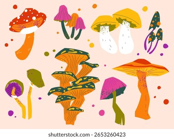 Set of colorful fantasy mushrooms. Whimsical and magical vector elements perfect for psychedelic art, forest design, autumn decoration, and creative nature illustrations