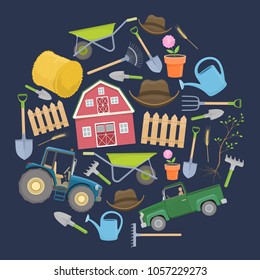 Set of colorful farming equipment icons. Farming tools and agricultural machines decoration. Vector