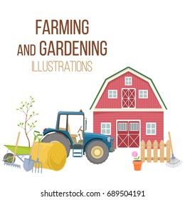 Set of colorful farming equipment icons. Farming tools and agricultural machines decoration. Vector