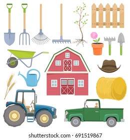 Set of colorful farming equipment icons. Farming tools and agricultural machines decoration. Vector