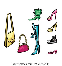 Set of colorful fashion shoes, hand drawn vector illustration
