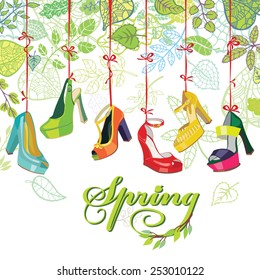 Set of Colorful fashion women high heel shoes  hang on ribbons.Casual and festive isolated shoes with word.Design template on green spring leaves background.Spring Fashion illustration,vector.
