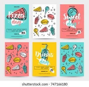 Set of colorful fast food banners. Pizza, burger, kebab, beer, sweet, drinks day promotion. Business offer for banner, poster, flyer and other promo. Cute and fun sketch sticker style. 