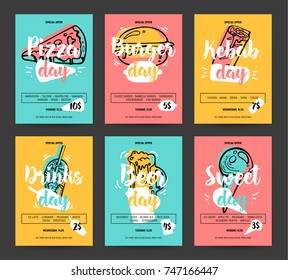 Set of colorful fast food banners. Pizza, burger, kebab, beer, sweet, drinks day promotion. Business offer for banner, poster, flyer and other promo. Cute and fun sketch sticker style. 