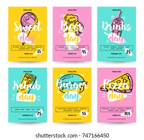 Set of colorful fast food banners. Pizza, burger, kebab, beer, sweet, drinks day promotion. Business offer for banner, poster, flyer and other promo. Cute and fun sketch sticker style. 