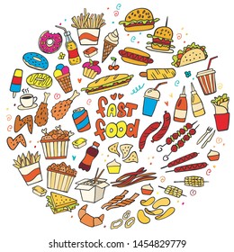 Set of colorful fast food doodle on white background. Vector. Burger, snacks, hamburger, fries, hot dog, tacos, coffee, sandwich, ice cream, donut. Perfect for menu design. Round composition.
