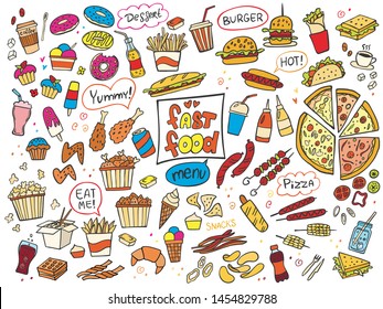 Set of colorful fast food doodle on white background. Vector. Burger, snacks, hamburger, fries, hot dog, tacos, coffee, sandwich, ice cream. Perfect for menu design.