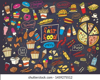 Set of colorful fast food doodle on chalkboard. Vector. Burger, snacks, hamburger, fries, hot dog, tacos, coffee, sandwich, ice cream. Perfect for menu design.