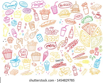 Set of colorful fast food doodles on white. Vector illustration. Perfect for menu or food package design.