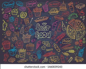 Set of colorful fast food doodles on chalkboard. Vector illustration. Perfect for menu or food package design.