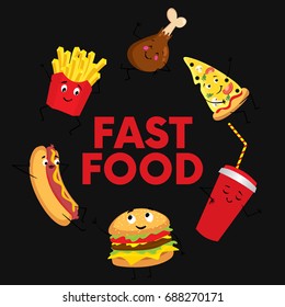 A set of colorful fast food in the form of characters. Hotdog, cheeseburger or hamburger, a glass of soda, French fries, ham, a slice of pizza and biscuits. Vector illustration for design or poster.