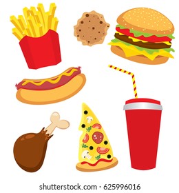 A set of colorful fast food. Hotdog, cheeseburger or hamburger, a glass of soda, French fries, ham, a slice of pizza and biscuits. Vector illustration for design or poster. Cafes and restaurants.