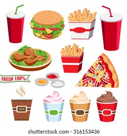 Set of colorful fast food icons. Flat cartoon style burger, ice cream, french fies, soda, chicken, pizza isolated on white background, vector.
