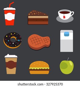 Set of colorful fast food icons. Vector food.