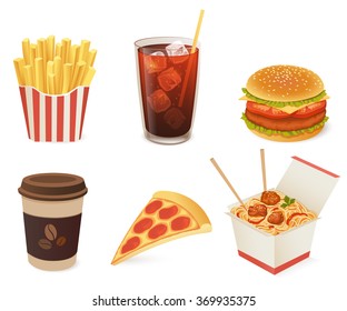 Set of colorful fast food icons isolated on white.