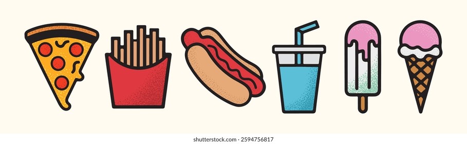 Set of colorful fast food illustrations and icon set. pizza, french fries, Hot dog, cold drink, ice cream, cone ice cream etc