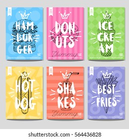 Set colorful fast food posters. Hamburger, ice cream, donut, hot dog, shakes, fries. Retro background. Sketch style, labels, hand drawn vector.