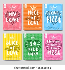 Set colorful fast food posters. Pizza, heart, love, slice, 14 february, Valentine's Day, yummy, romantic, menu. Retro background. Sketch style, labels, hand drawn vector.