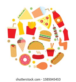 Set of colorful fast food vector illustration in round isolated on white background 