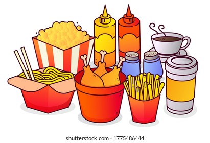 Set of Colorful Fast Food Vector Isolated on White. Vibrant and dynamic illustration showcasing a diverse array of popular street food items. Perfect for enticing and lively designs.