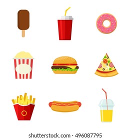 Set of colorful Fast food vector icons isolated on white background. Fast food hamburger dinner and restaurant, tasty fast food meal and unhealthy fast food classic nutrition in flat style.