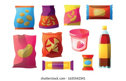 Set of colorful fast food, vending products packages. Vector illustration in flat cartoon style.