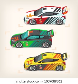 Set of colorful fast motor racing cars on a start line. Vector illustrations