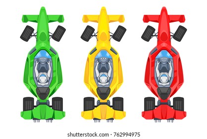 Set Of Colorful Fast Motor Racing Cars, Formula 1 (one), Bolides Sport Racing Car Flat Vector Icons Isolated On White Background. Speed Motor Drive. View From Above. Vector Illustration