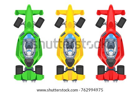 Set of colorful fast motor racing cars, formula 1 (one), bolides sport racing car flat vector icons isolated on white background. Speed motor drive. View from above. Vector illustration