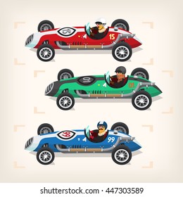 Set of colorful fast retro motor racing cars on a start line.