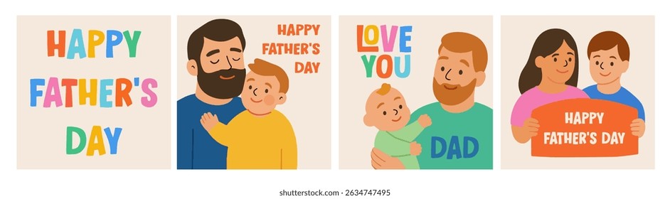 Set of colorful Father's Day greeting cards. Illustrations in a modern hand-drawn style. Images of children and a father. Father's Day templates for ads, poster, cover, banner, social media