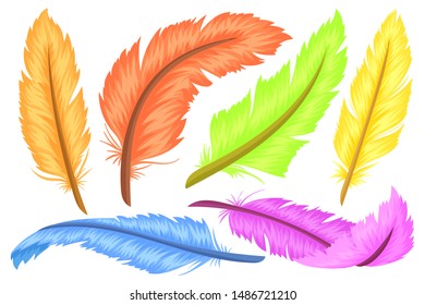 Set of colorful feathers, different shapes and colors. Cartoon and flat style. Vector illustration isolated on white background.