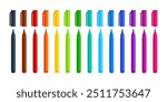 Set of colorful felt tip marker pens with caps off. Flat vector illustration isolated on white background. Art supply concept. Perfect for creative projects