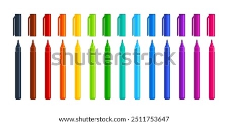 Set of colorful felt tip marker pens with caps off. Flat vector illustration isolated on white background. Art supply concept. Perfect for creative projects