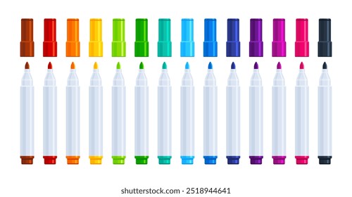 Set of colorful felt tip markers in brown, red, orange, yellow, green, teal, blue, purple, pink, and black. Flat vector illustration isolated on white background. Art supplies and education concept.