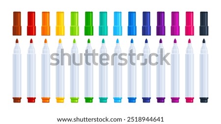 Set of colorful felt tip markers in brown, red, orange, yellow, green, teal, blue, purple, pink, and black. Flat vector illustration isolated on white background. Art supplies and education concept.