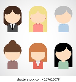 Set of colorful female faces icons. Trendy flat style