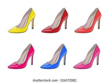 A set of colorful female summer shoes on a white background. Vector illustration