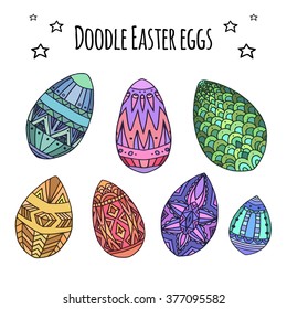 Set of colorful festive doodle eggs with boho pattern. Vector element for greeting cards and your design