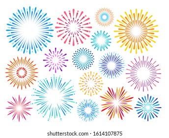 Set of colorful festive fireworks on a white background. Vector illustration