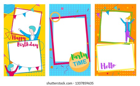 Set of Colorful Festive Frames with Copy Space and Happy Dancing People on Abstract Decorated Pattern. Greetings Inscription Happy Birthday. Party Time. Hello. Linear Flat Vector Cartoon Illustration.
