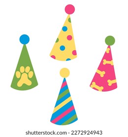 Set of  colorful festive paper caps. Hats for the dog party. Vector illustration