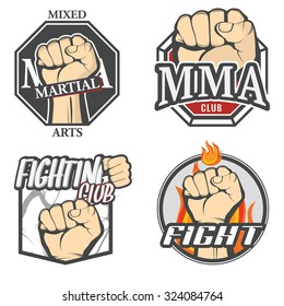 Set of colorful fighting icons, MMA labels, logos, fight club badges, signs and design templates. Vector.