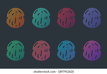 Set of colorful fingerprint icons. Biometric authorization concept. Digital security authentication. Cyber security technology. ID app icon. Template design for web or mobile apps.