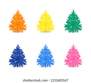 Set of colorful fir trees or pines without decor isolated on white background.