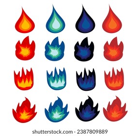 Set of colorful fire, vector illustrations isolated on white backgrounnd.