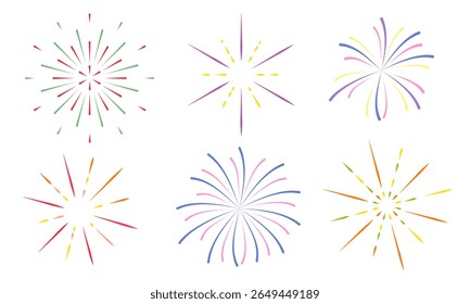 Set of Colorful Firework Bursts for Celebrations and Holidays
Vibrant collection of  firework starbursts in various colors,for festive designs, New Year’s Eve, Independence Day, parties, invitation