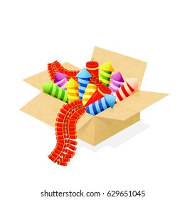 Set of colorful fireworks in a box for independence day celebrations, isolated on white background, illustration.