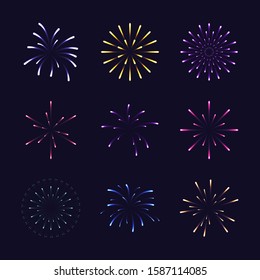 Set of colorful fireworks in different styles. Design element for new year festivals and celebrations.Vector illustration.    